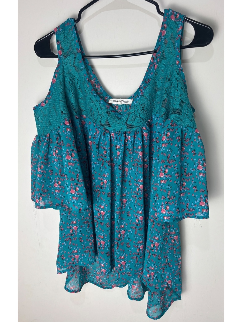 Wishful Park Women’s Medium Teal Floral Cold Shoulder Lace Boho Blouse Top